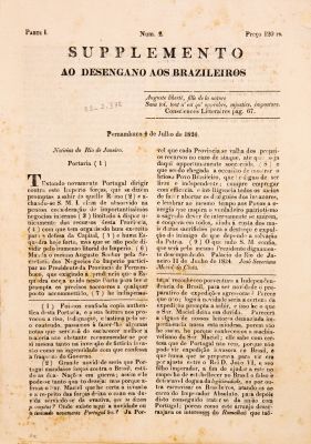 Edição do jornal Desengano aos Brazileiros, editado em Pernambuco, em 1824, pelo jornalista português João Soares Lisboa. Imagem: Monica Ramalho/ Reprodução