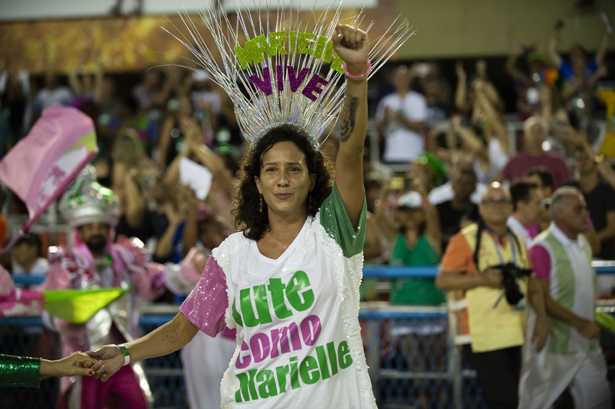 Mônica Benício no desfile da Mangueira, campeã de 2019