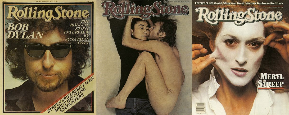 Capas icônicas: Bob Dylan, assíduo na revista; Yoko e John, edição sobre sua morte, e Meryl Streep, as duas últimas assinadas por Annie Leibovitz