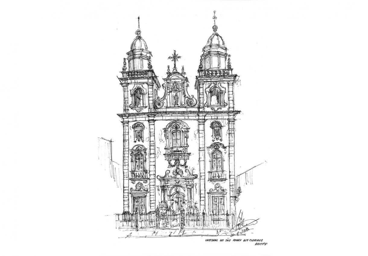 A Catedral de São Pedro dos Clérigos foi registrada em desenho e num mosaico de 1 x1,60m