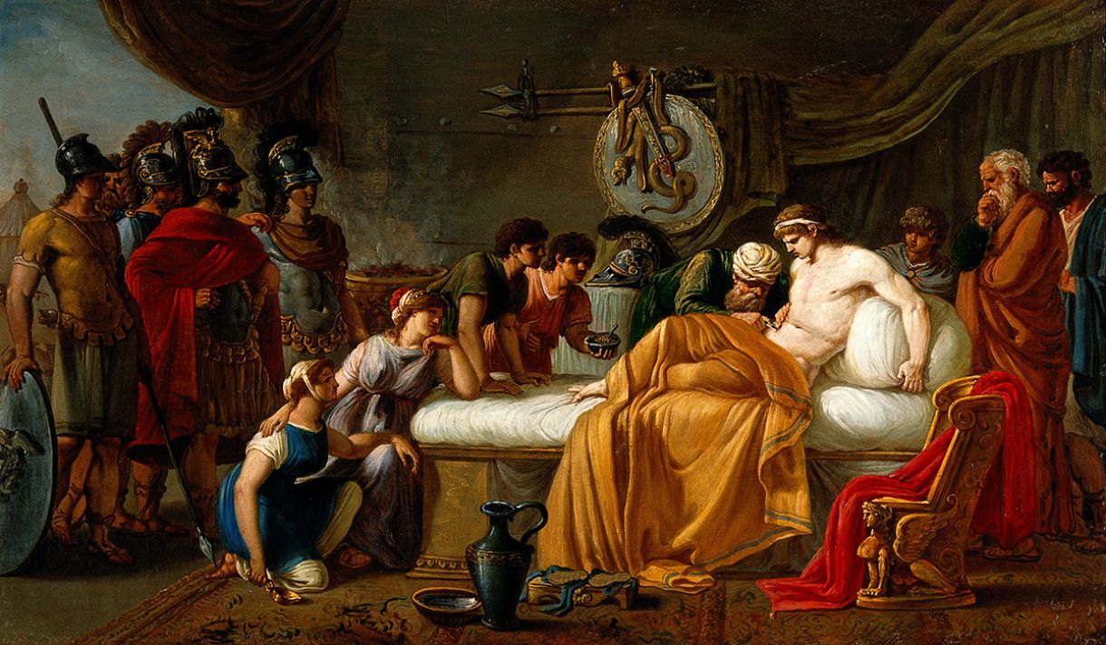 'Alcibiades ferido', pintura a óleo por Joseph-Marie Vien (séc. XVIII-XXI)