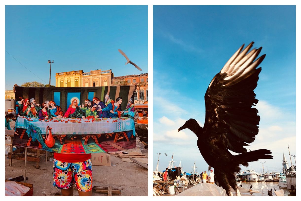 1. A vendedora Josi posa para a série 'Última ceia'. 2. Urubu na doca. Mercado Ver-o-Peso, Belém do Pará