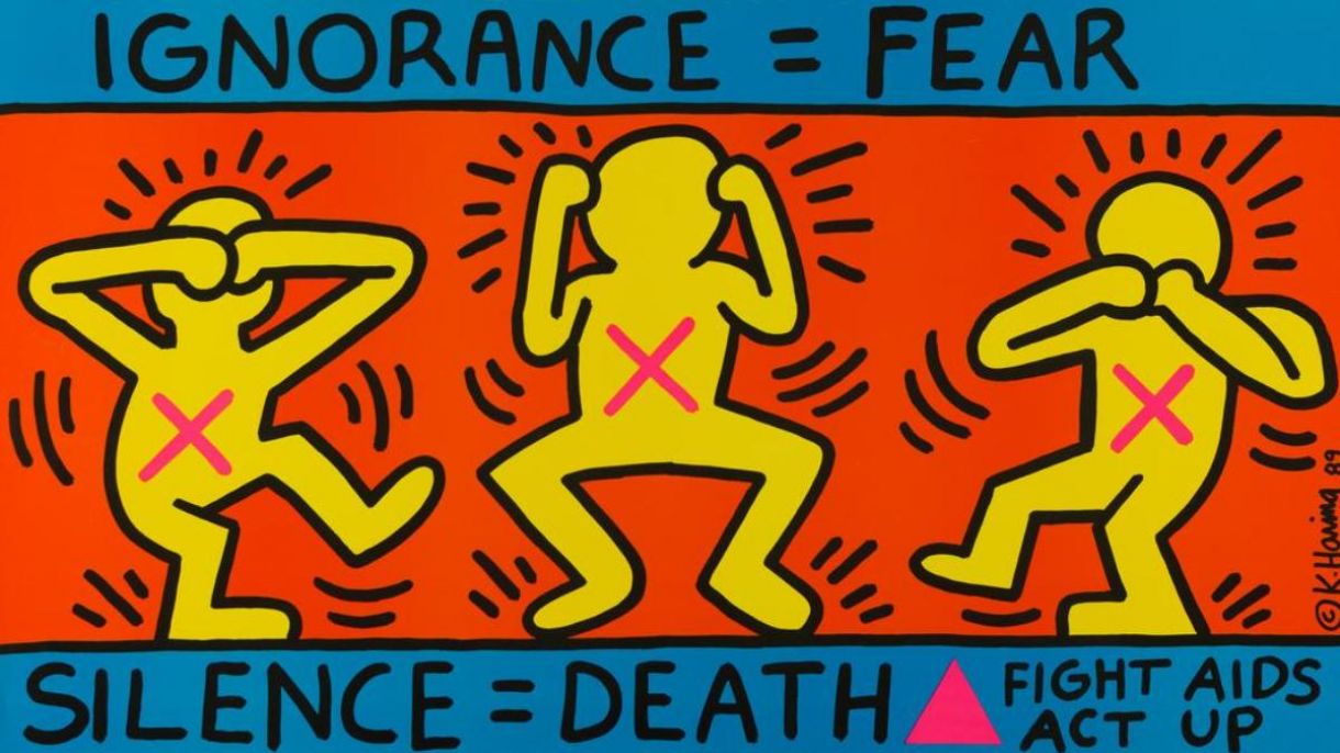 Obra 'Ignorance = Fear' (1989), do norte-americano Keith Haring, morto em 1990, em decorrência do HIV