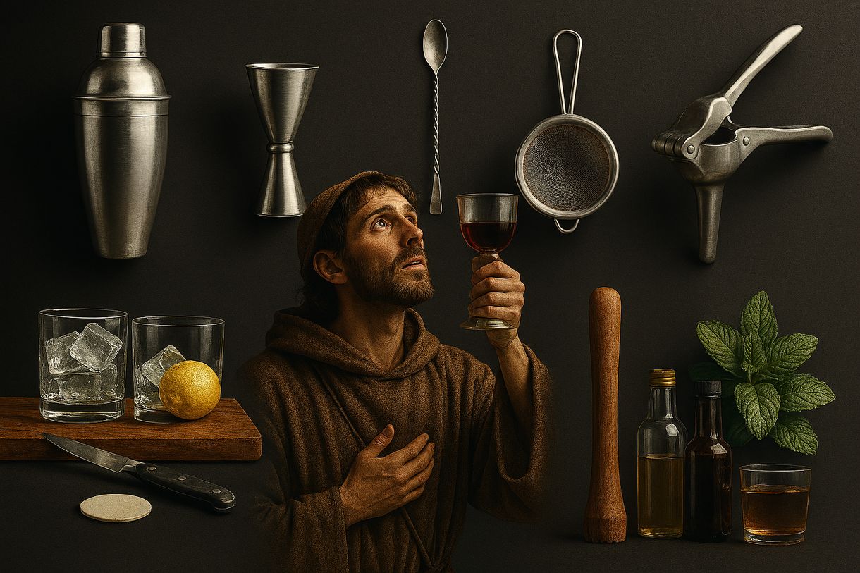 Imagem de São Francisco de Assis em uma taberna com utensílios usados na elaboração de drinques e coquetéis do arsenal do bartender