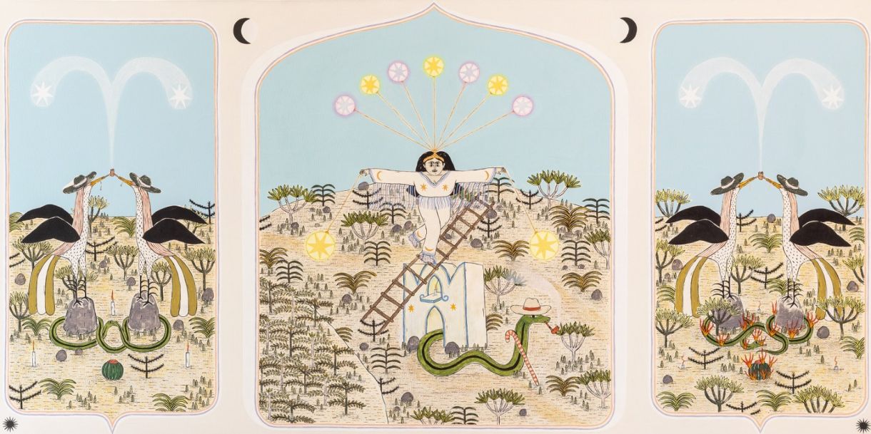 A obra As firmações no templo da cidade mestra, do artista Bozó, faz parte da exposição na Galeria Janete Costa