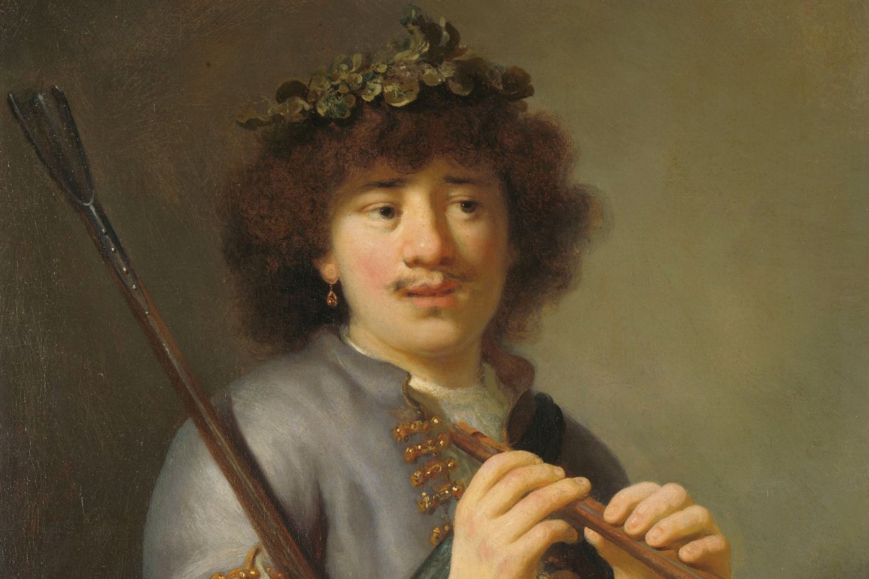 Acima, Rembrandt como pastor com cajado e flauta, pintado por Govert Flinck