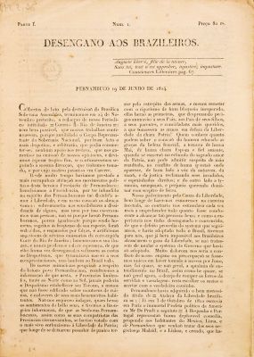Edição do jornal Desengano aos Brazileiros, editado em Pernambuco, em 1824, pelo jornalista português João Soares Lisboa. Imagem: Monica Ramalho/ Reprodução