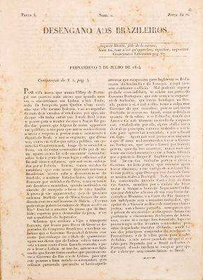 Edição do jornal Desengano aos Brazileiros, editado em Pernambuco, em 1824, pelo jornalista português João Soares Lisboa. Imagem: Monica Ramalho/ Reprodução