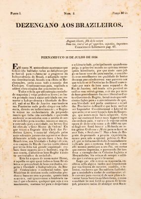 Edição do jornal Desengano aos Brazileiros, editado em Pernambuco, em 1824, pelo jornalista português João Soares Lisboa. Imagem: Monica Ramalho/ Reprodução