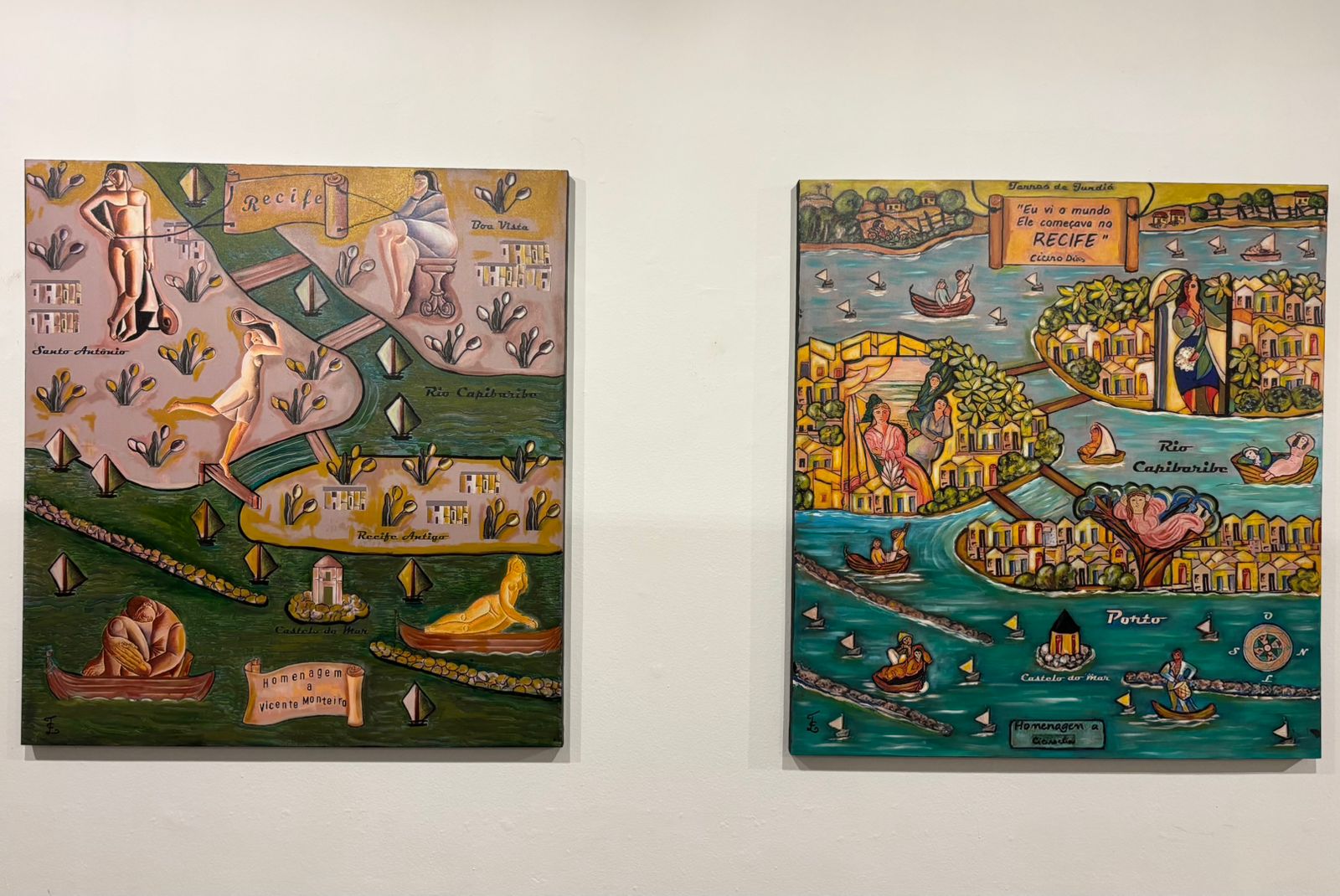 Dois dos oito quadros da série de mapas que Tânia nunca para de pintar